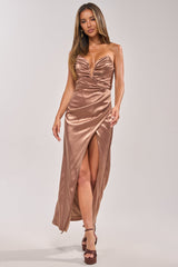 HAVING A BALL SATIN MAXI DRESS IN BROWN