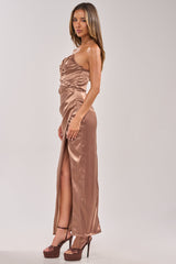 HAVING A BALL SATIN MAXI DRESS IN BROWN