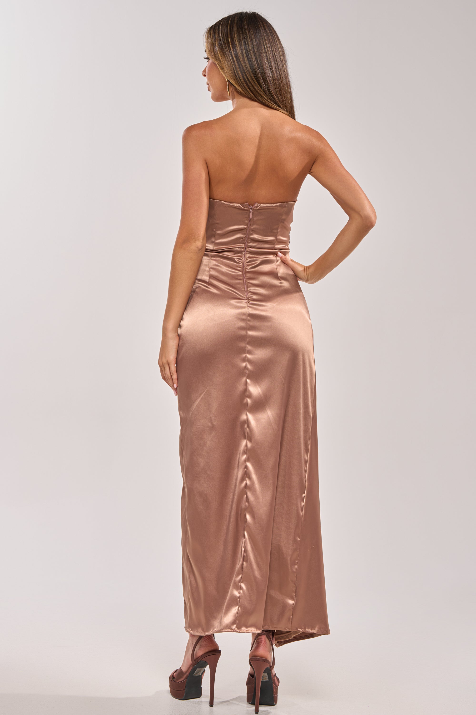 HAVING A BALL SATIN MAXI DRESS IN BROWN