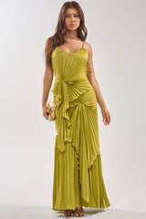 RESERVATIONS PLEASE PLEATED MAXI DRESS IN CHARTREUSE