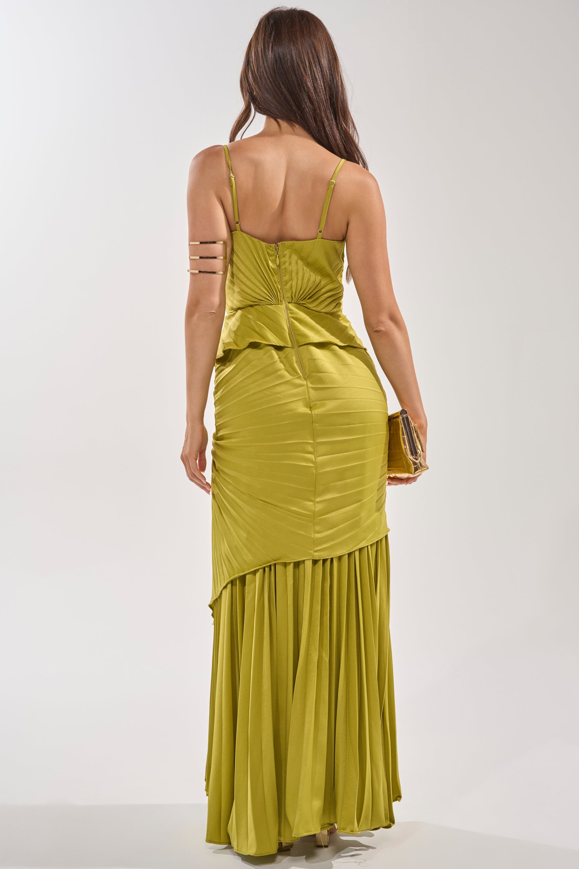RESERVATIONS PLEASE PLEATED MAXI DRESS IN CHARTREUSE