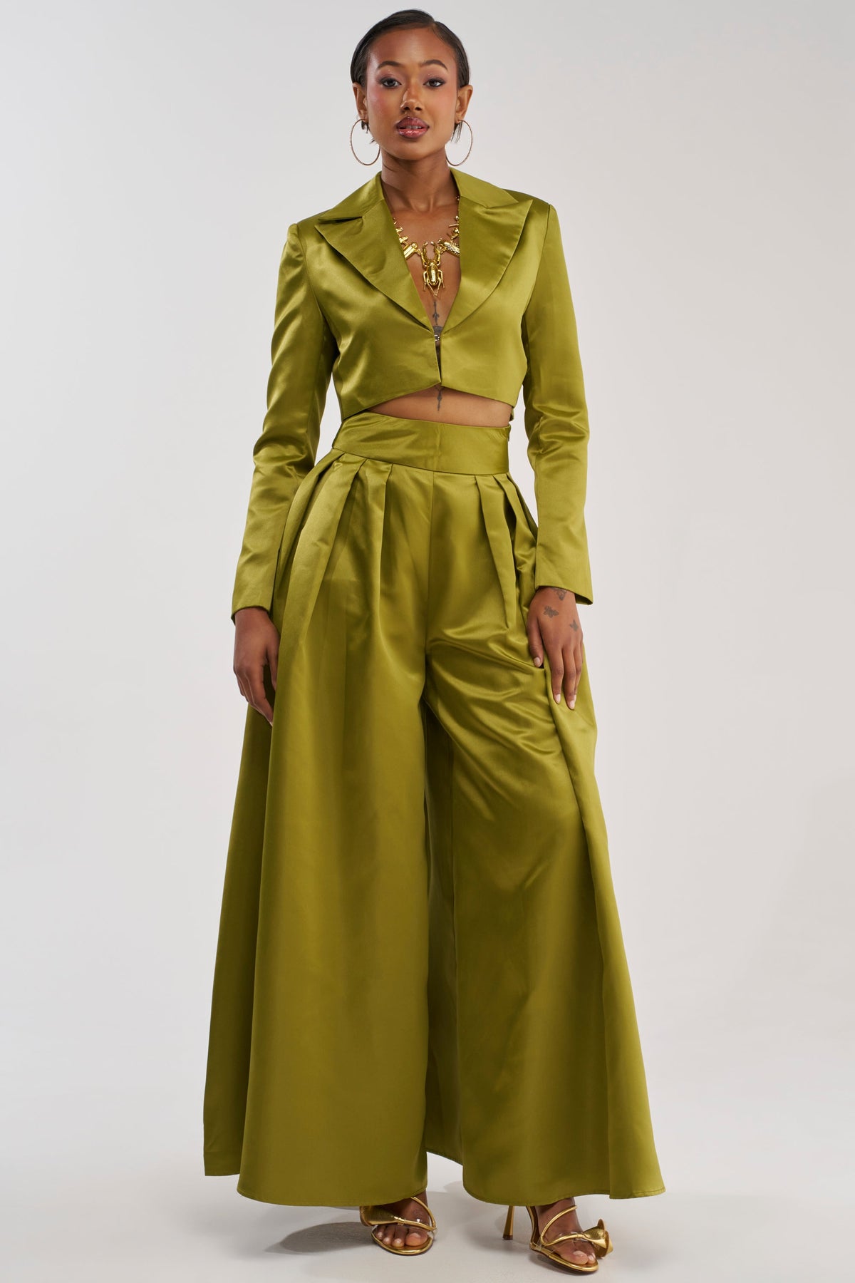LILA SATIN TROUSER IN CHARTREUSE