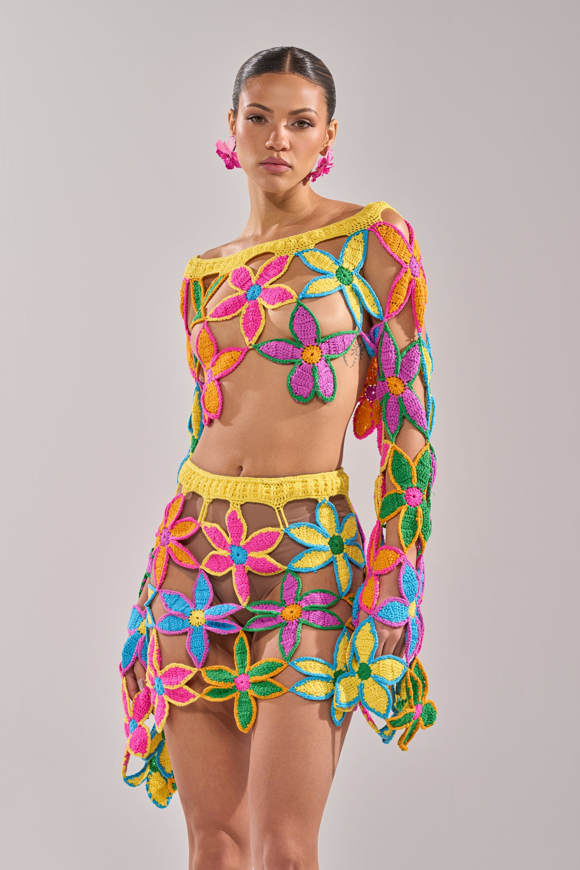 FLORAL FIELDS CROCHET OFF THE SHOULDER SWEATER