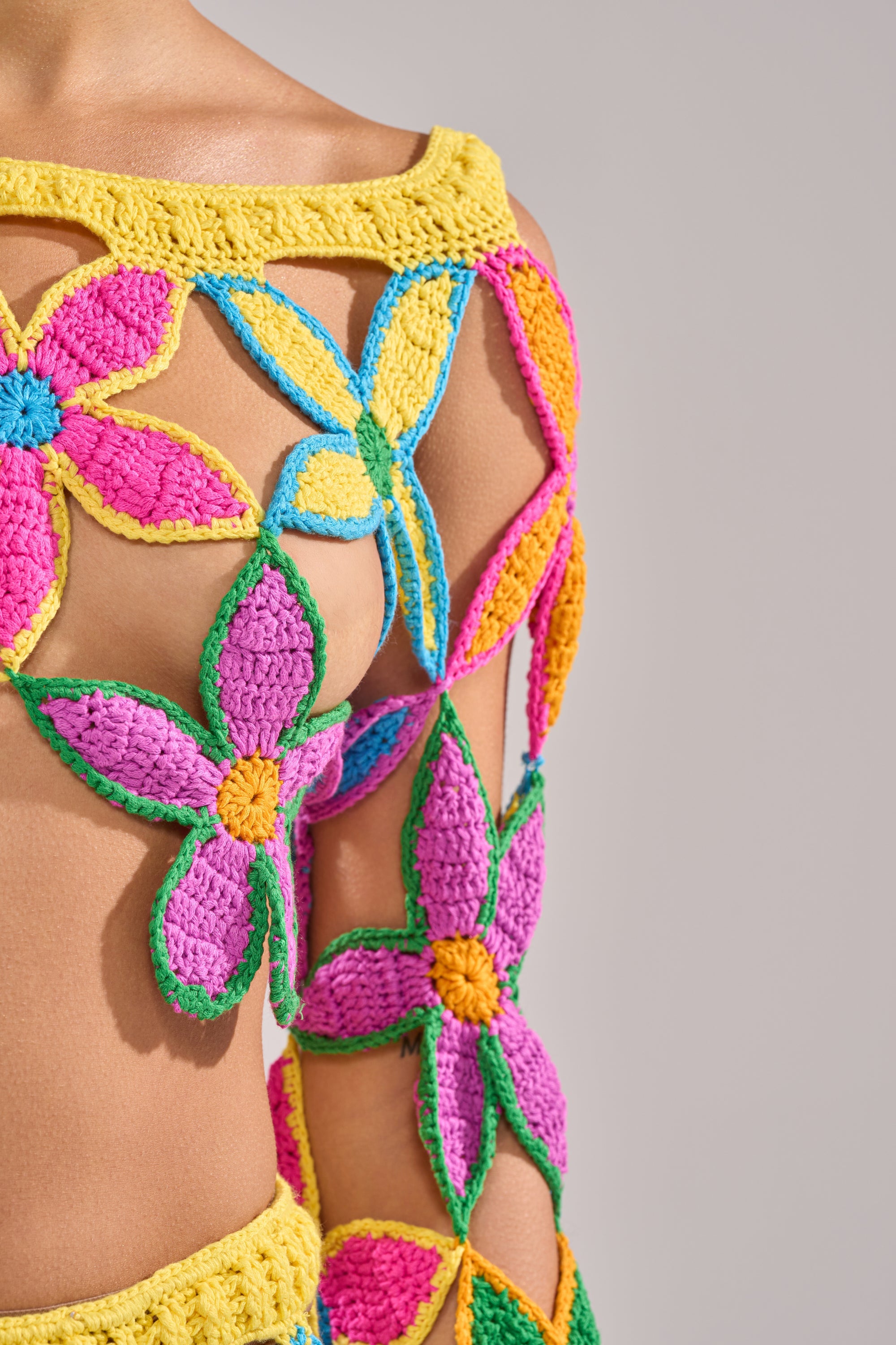 FLORAL FIELDS CROCHET OFF THE SHOULDER SWEATER