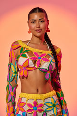 FLORAL FIELDS CROCHET OFF THE SHOULDER SWEATER