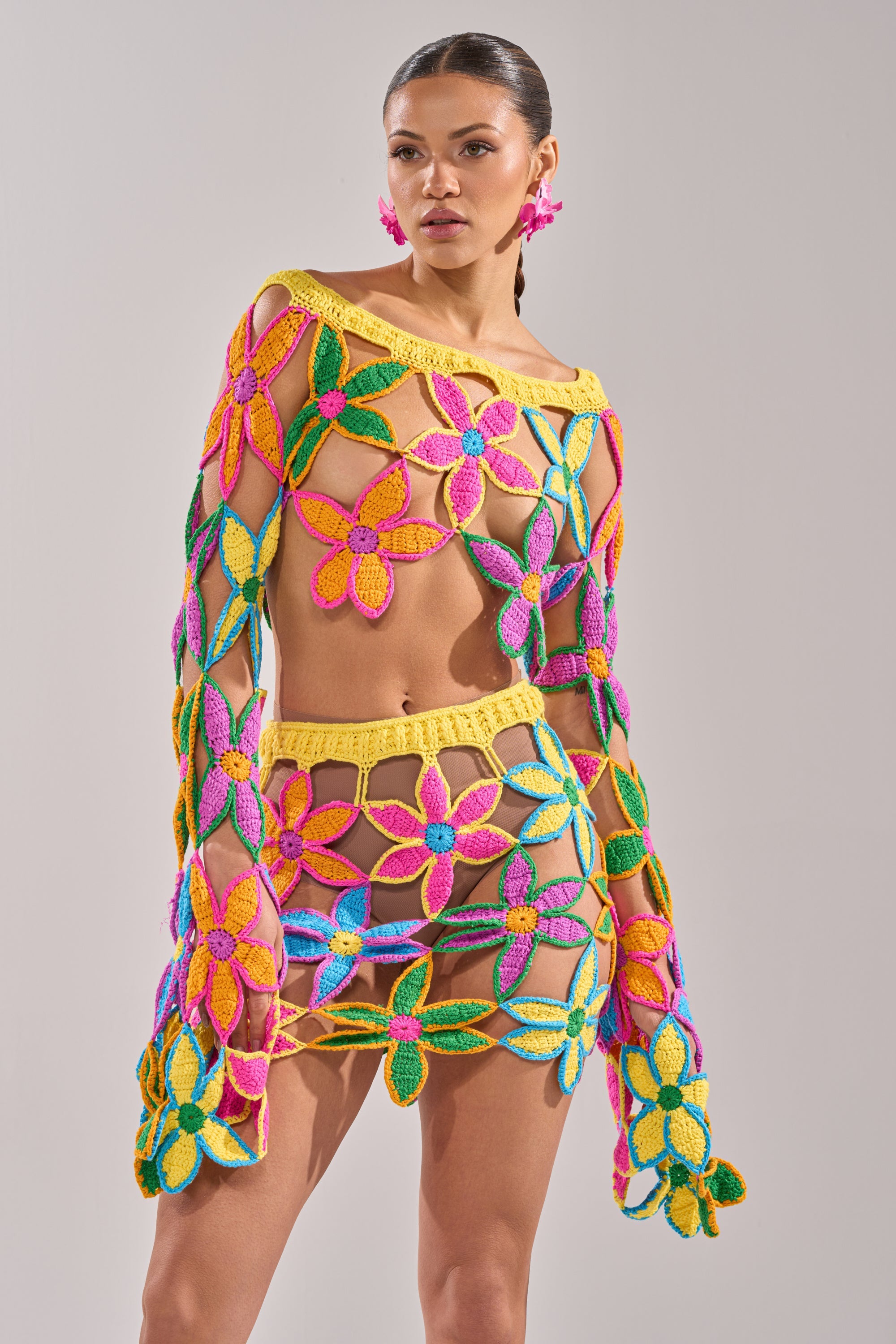 FLORAL FIELDS CROCHET OFF THE SHOULDER SWEATER