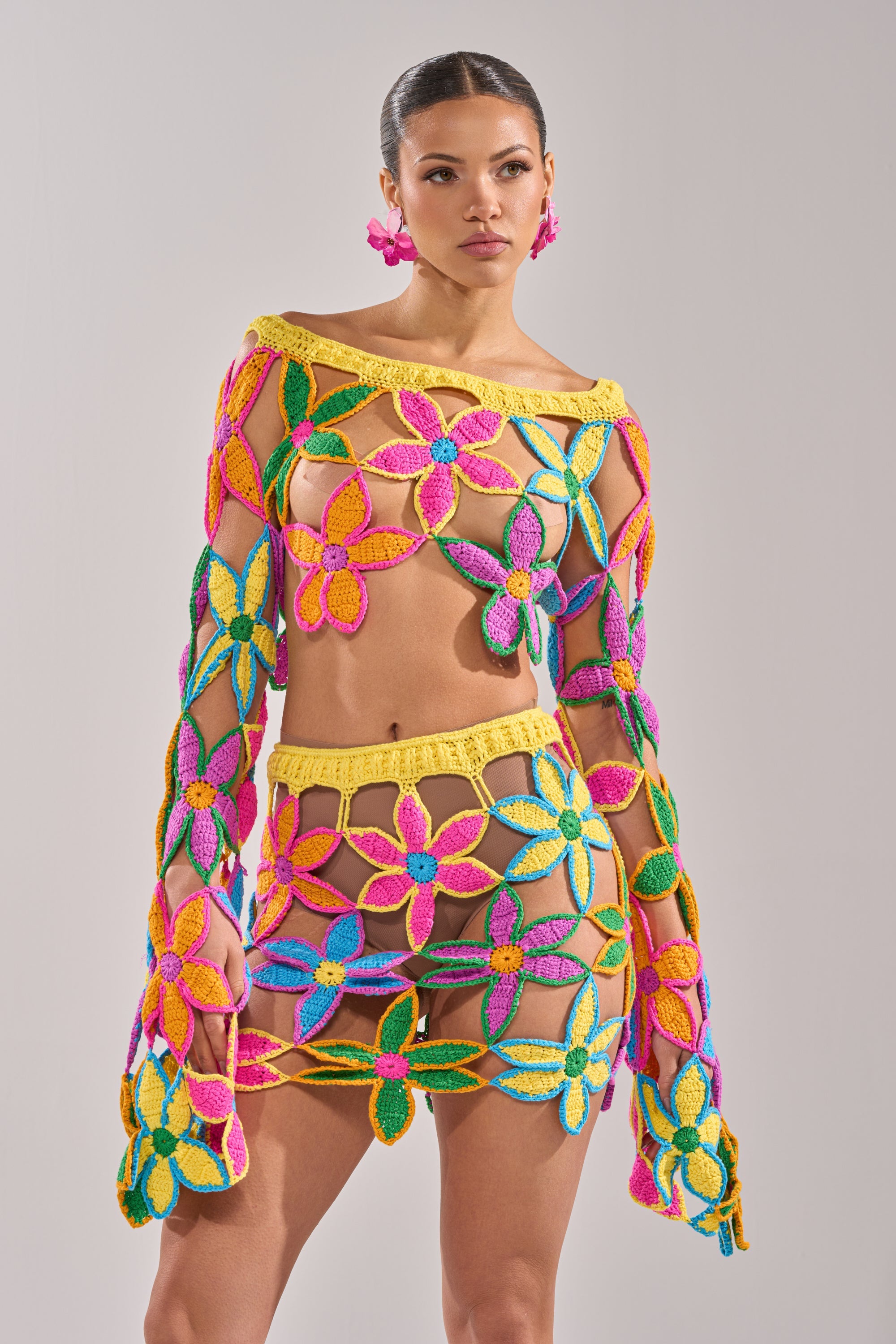 FLORAL FIELDS CROCHET OFF THE SHOULDER SWEATER