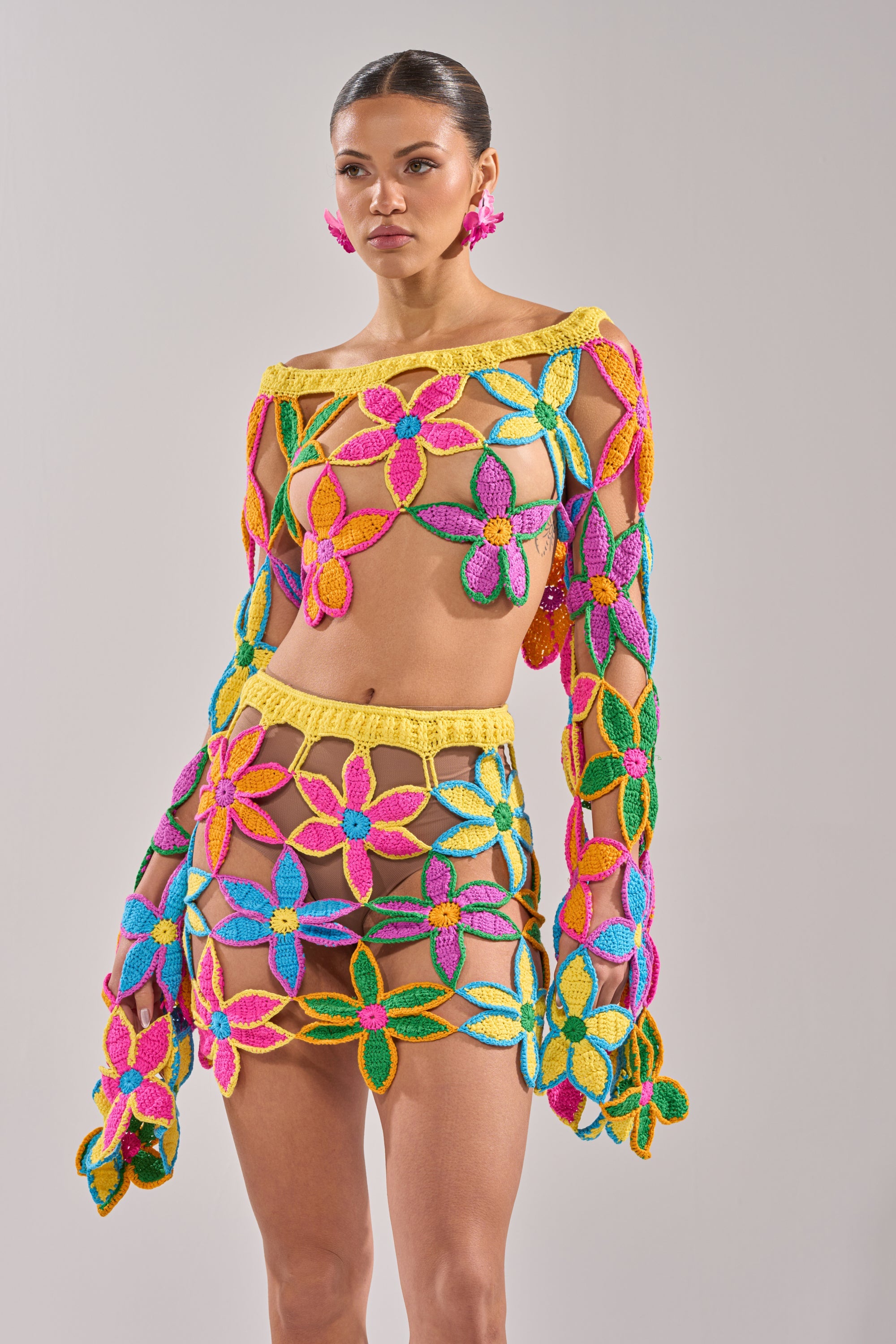 FLORAL FIELDS CROCHET OFF THE SHOULDER SWEATER