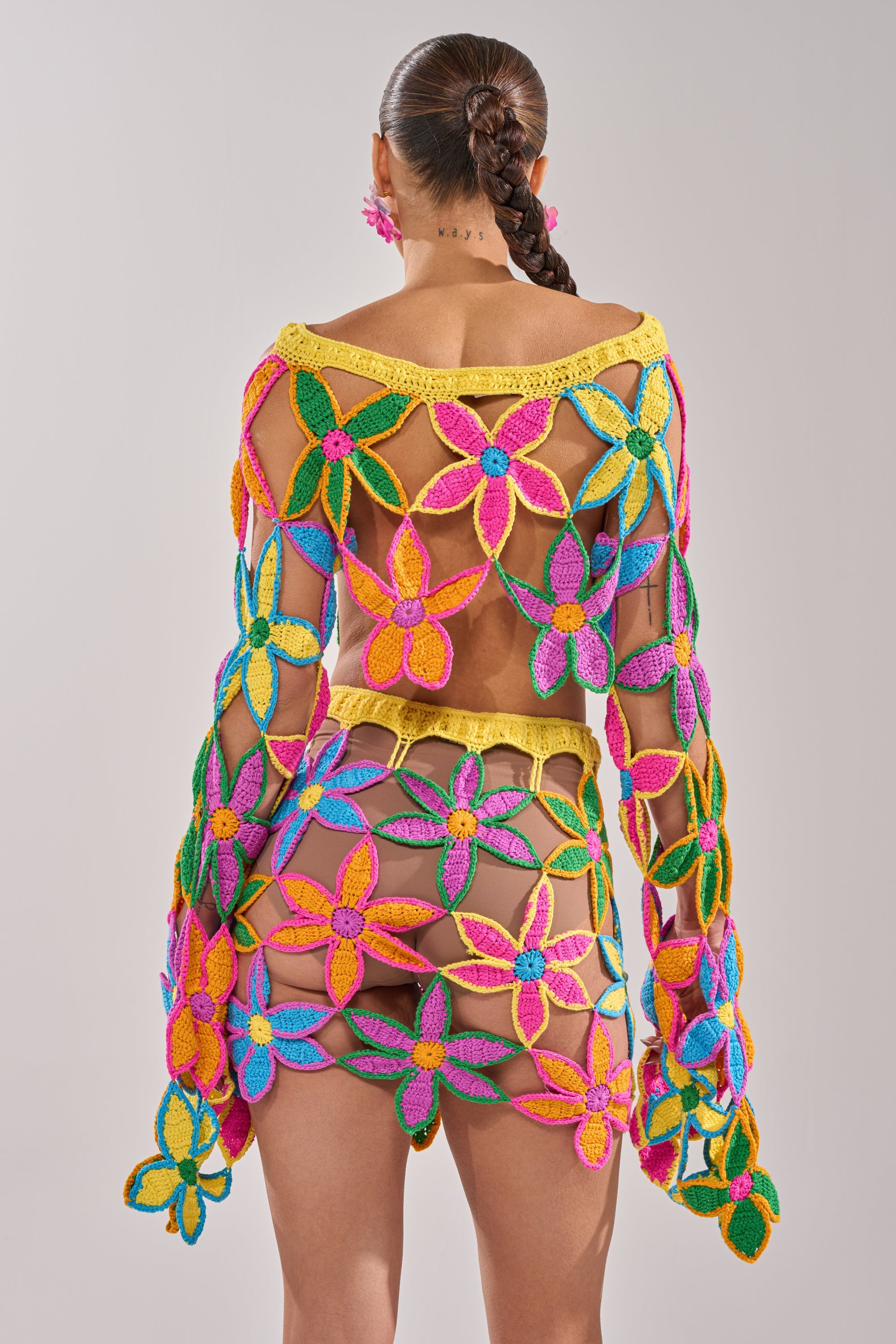 FLORAL FIELDS CROCHET OFF THE SHOULDER SWEATER