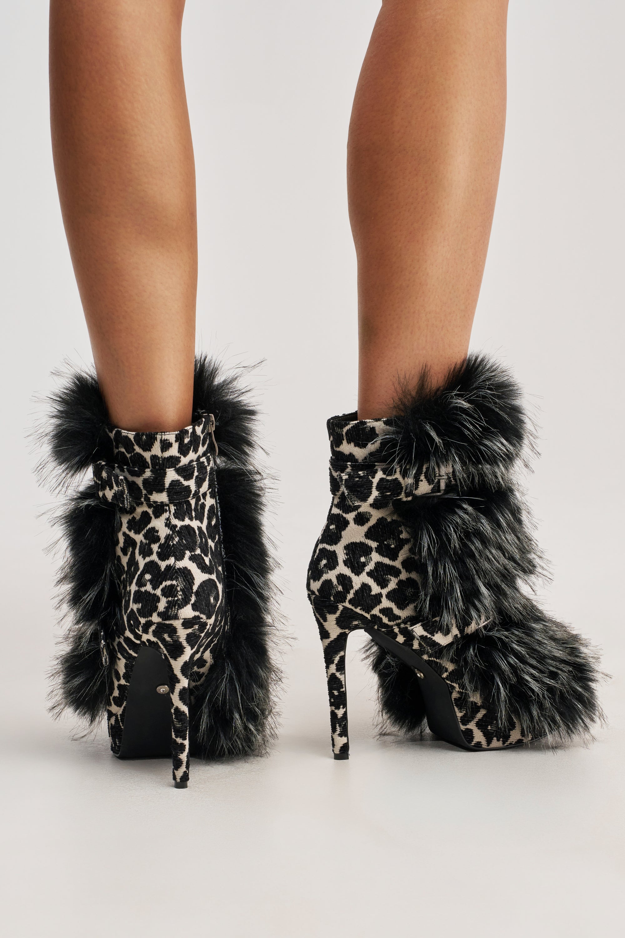 AZALEA WANG SERIOUS BLACK AND WHITE LEOPARD WITH FUR OPEN TOE STILETTO BOOTIE