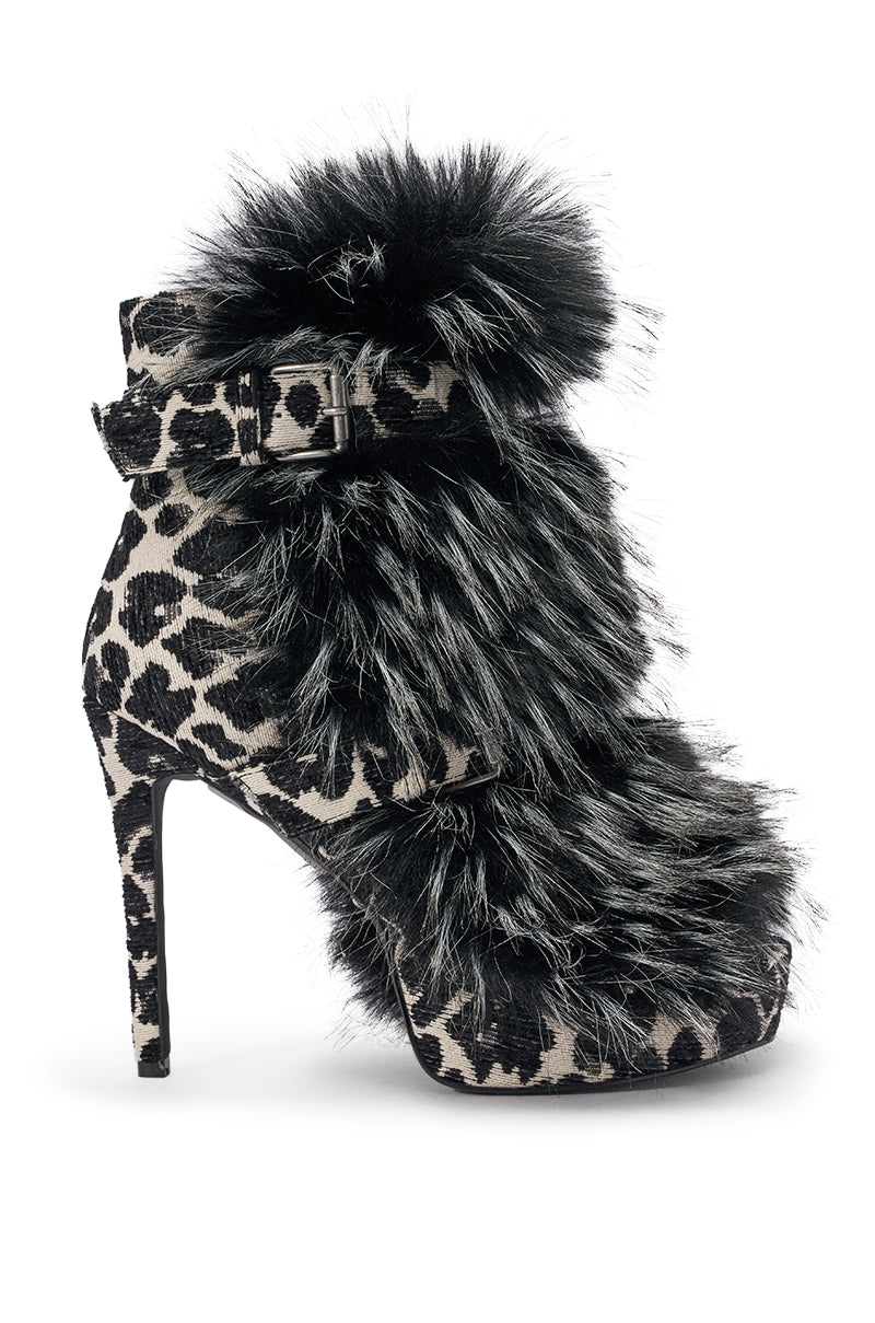 AZALEA WANG SERIOUS BLACK AND WHITE LEOPARD WITH FUR OPEN TOE STILETTO BOOTIE