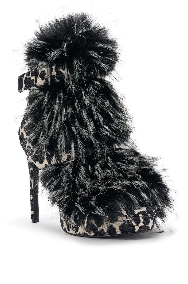AZALEA WANG SERIOUS BLACK AND WHITE LEOPARD WITH FUR OPEN TOE STILETTO BOOTIE