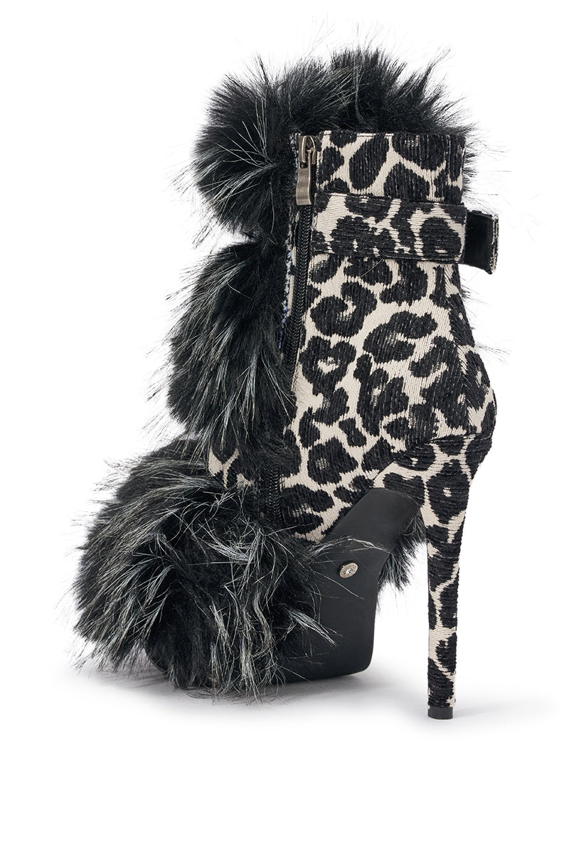 AZALEA WANG SERIOUS BLACK AND WHITE LEOPARD WITH FUR OPEN TOE STILETTO BOOTIE