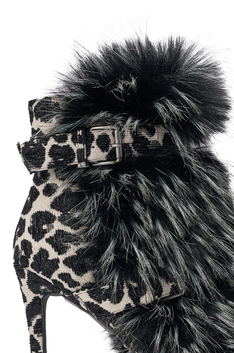 AZALEA WANG SERIOUS BLACK AND WHITE LEOPARD WITH FUR OPEN TOE STILETTO BOOTIE