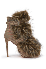 AZALEA WANG SERIOUS BROWN PLAID WITH FUR OPEN TOE STILETTO BOOTIE