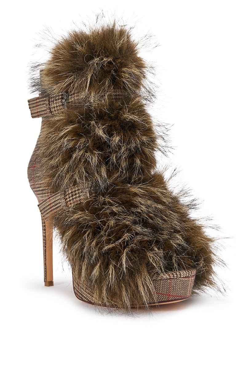 AZALEA WANG SERIOUS BROWN PLAID WITH FUR OPEN TOE STILETTO BOOTIE
