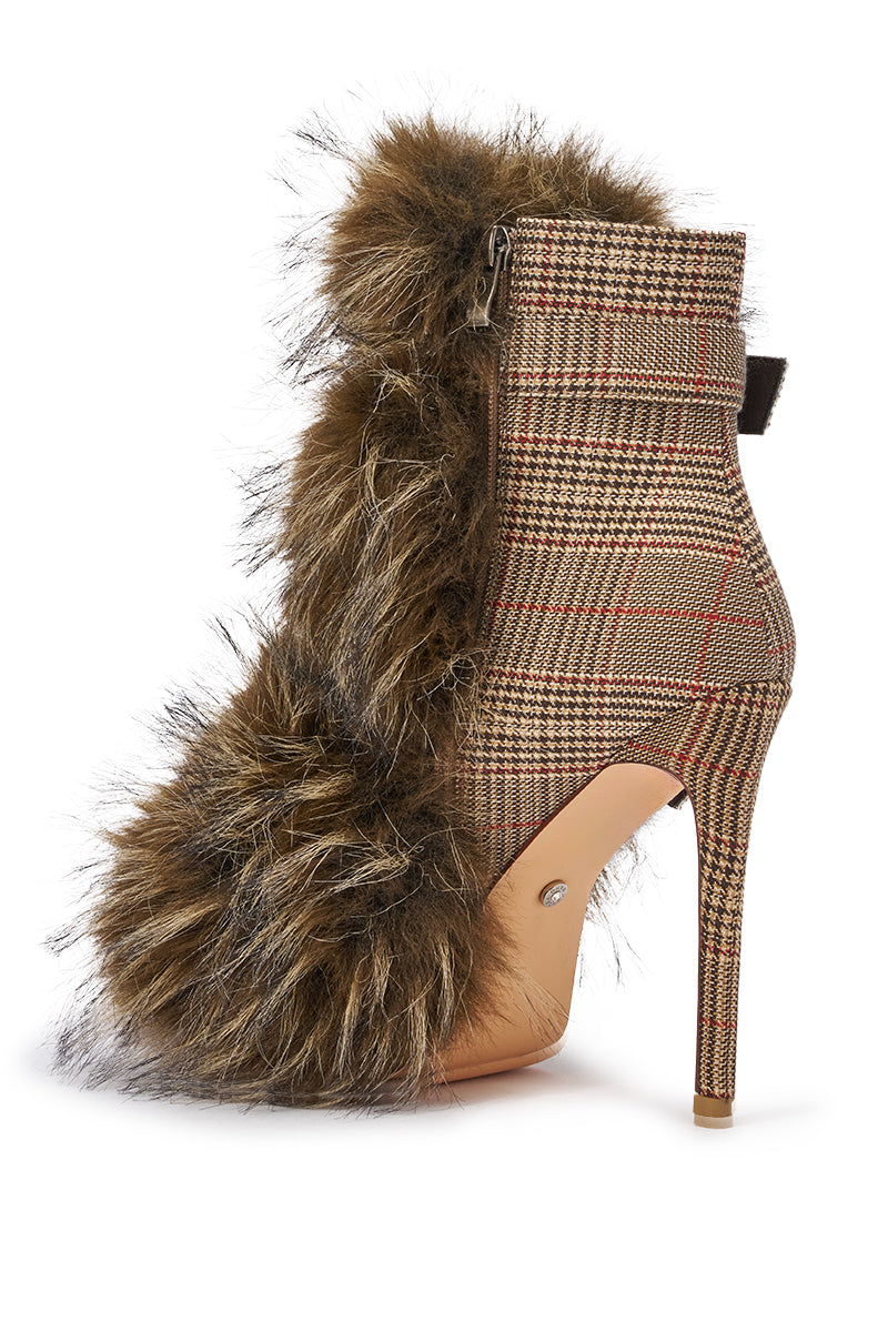 AZALEA WANG SERIOUS BROWN PLAID WITH FUR OPEN TOE STILETTO BOOTIE