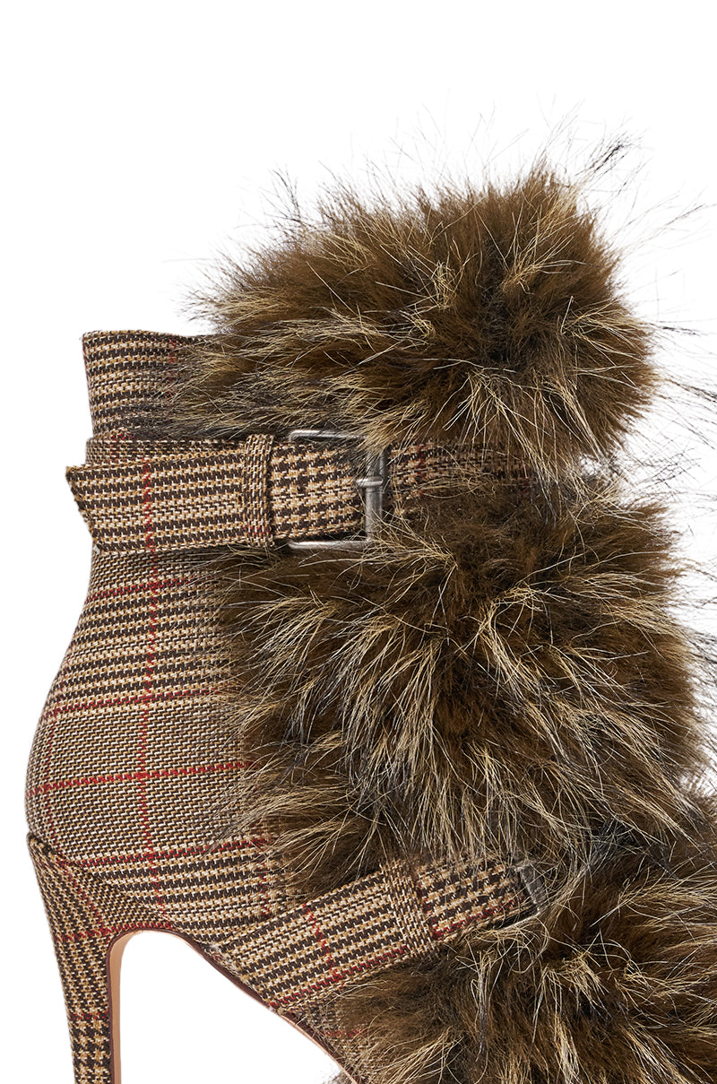 AZALEA WANG SERIOUS BROWN PLAID WITH FUR OPEN TOE STILETTO BOOTIE