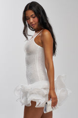 LATE NIGHT ENERGY RHINESTONE MINI DRESS IN WHITE