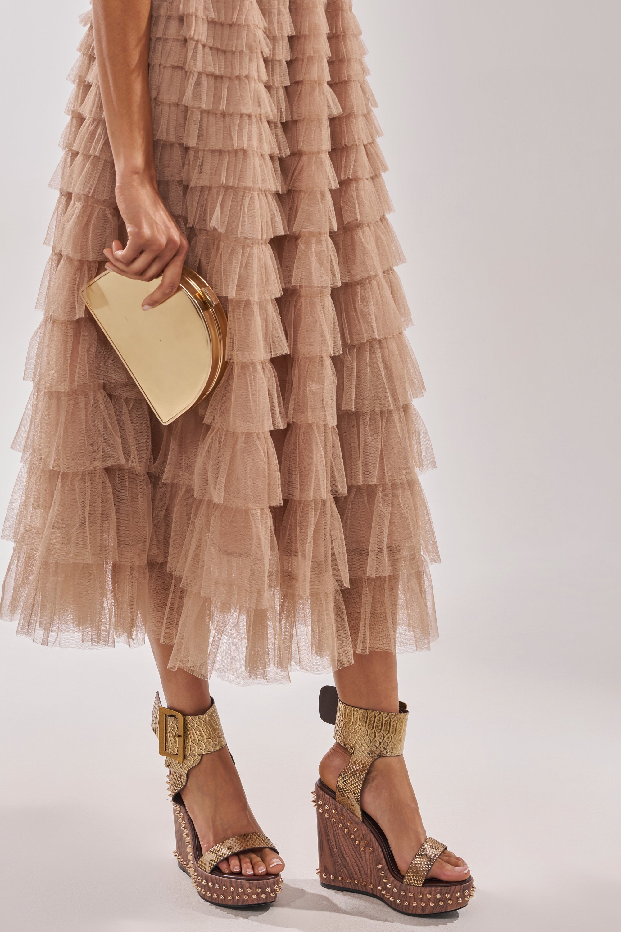 AKIRA GOLD SLOANE BROWN STUD AND SNAKE WEDGE SANDAL