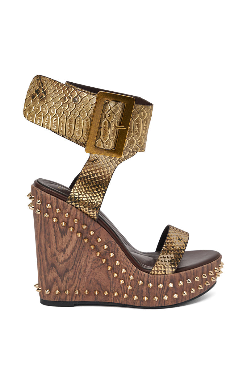 AKIRA GOLD SLOANE BROWN STUD AND SNAKE WEDGE SANDAL