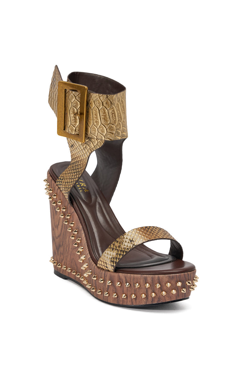 AKIRA GOLD SLOANE BROWN STUD AND SNAKE WEDGE SANDAL