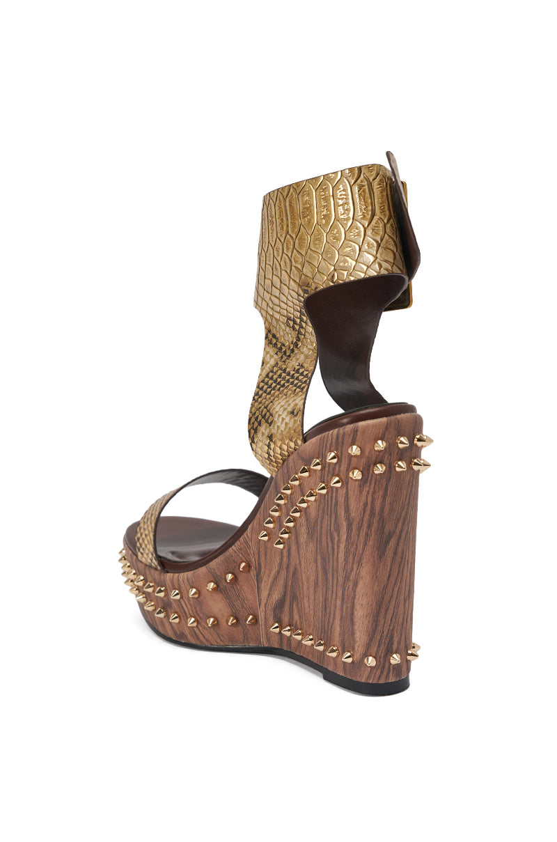 AKIRA GOLD SLOANE BROWN STUD AND SNAKE WEDGE SANDAL