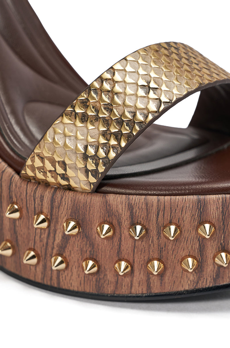 AKIRA GOLD SLOANE BROWN STUD AND SNAKE WEDGE SANDAL