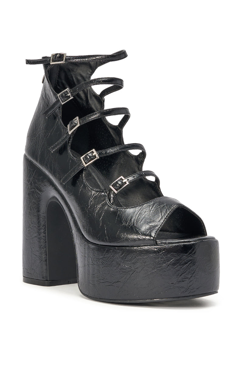 AZALEA WANG SMITTEN BLACK PU STRAPPY BLOCK HEEL SANDAL