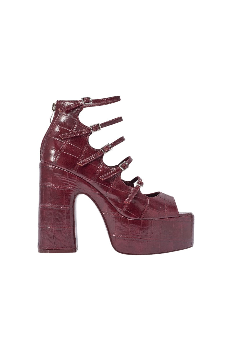 AZALEA WANG SMITTEN BURGUNDY PU STRAPPY BLOCK HEEL SANDAL