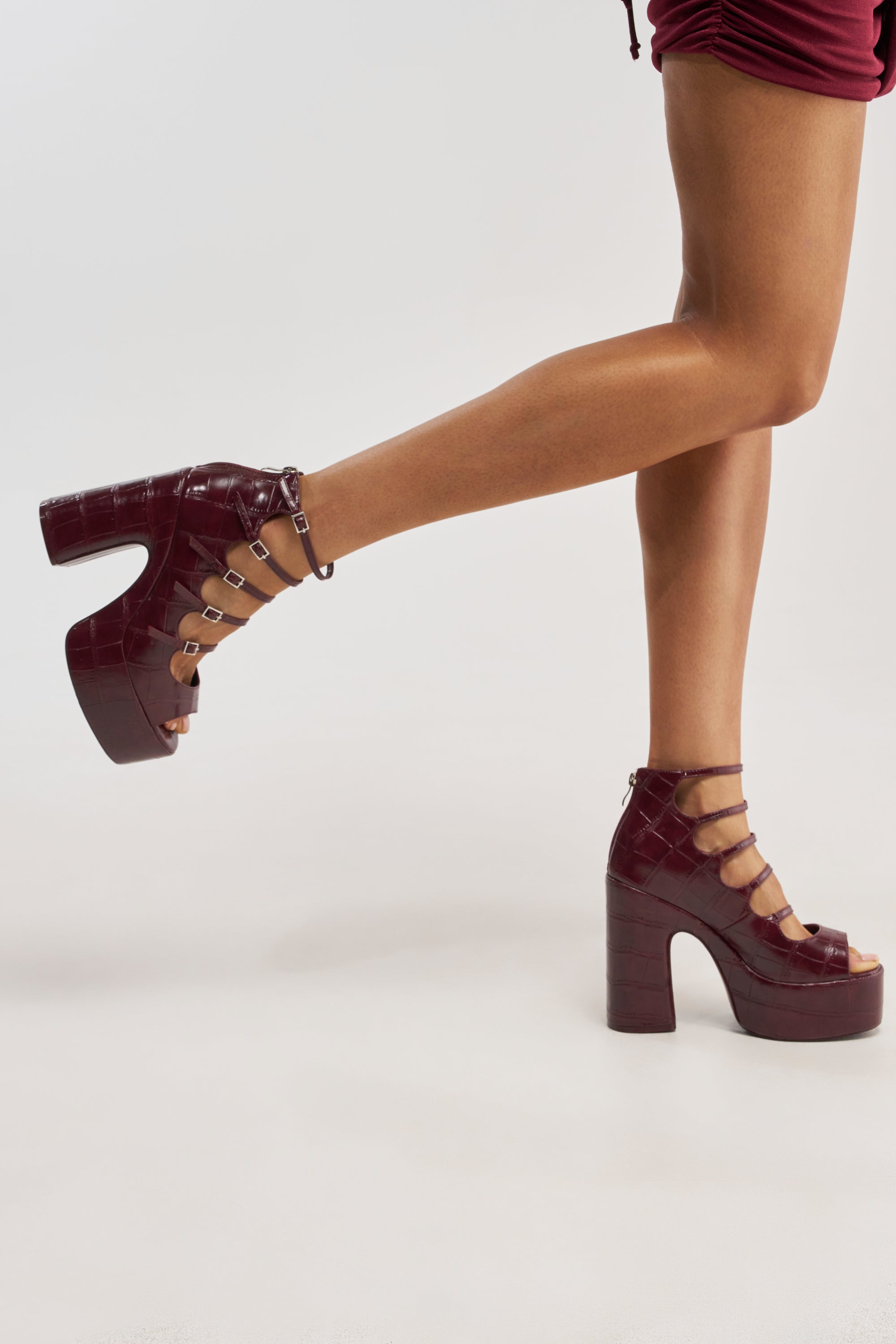 AZALEA WANG SMITTEN BURGUNDY PU STRAPPY BLOCK HEEL SANDAL