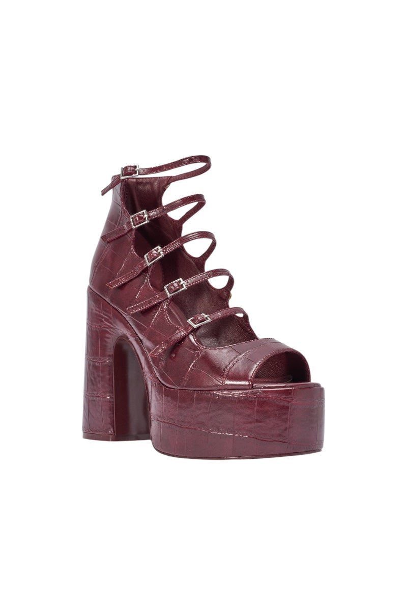 AZALEA WANG SMITTEN BURGUNDY PU STRAPPY BLOCK HEEL SANDAL