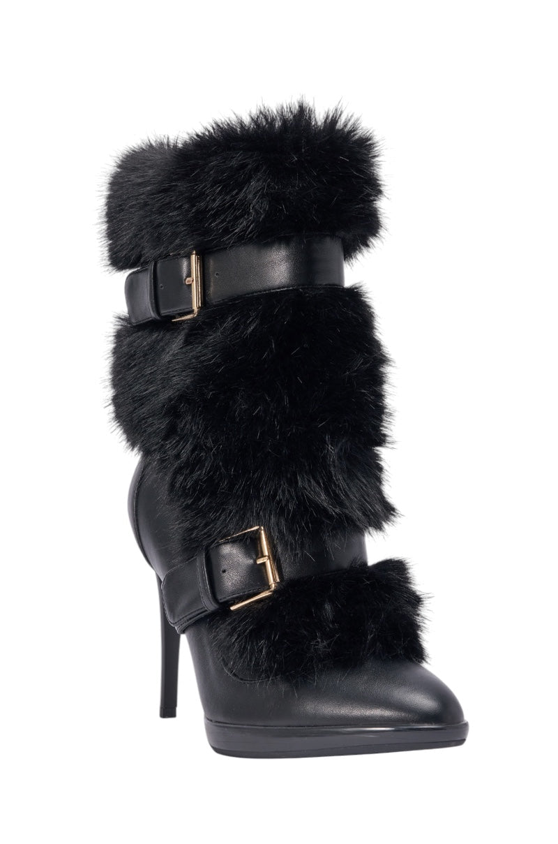AKIRA GOLD SORAYA BLACK FUR STILETTO BOOT
