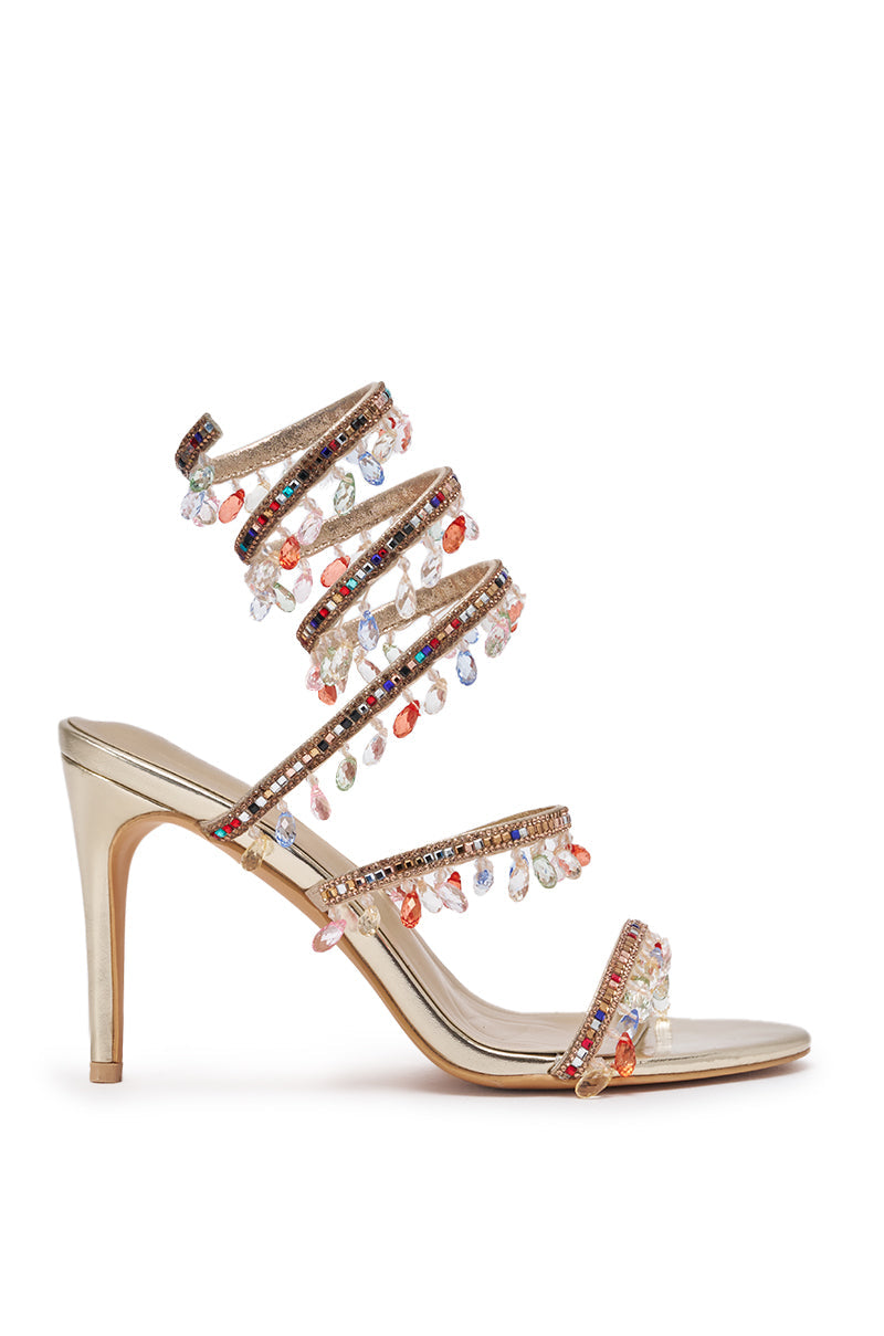AZALEA WANG SPARKLE GOLD MULTICOLOR EMBELLISHED SPIRAL STILETTO SANDAL