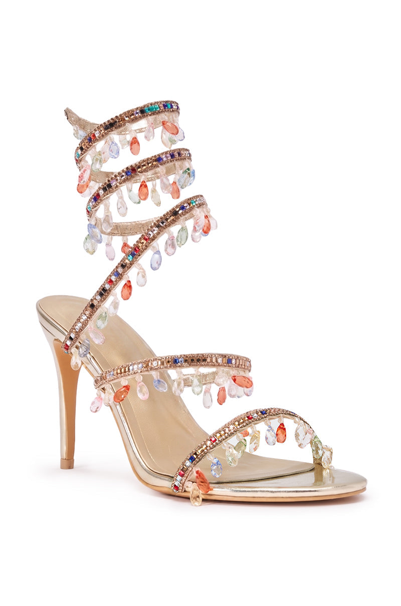 AZALEA WANG SPARKLE GOLD MULTICOLOR EMBELLISHED SPIRAL STILETTO SANDAL