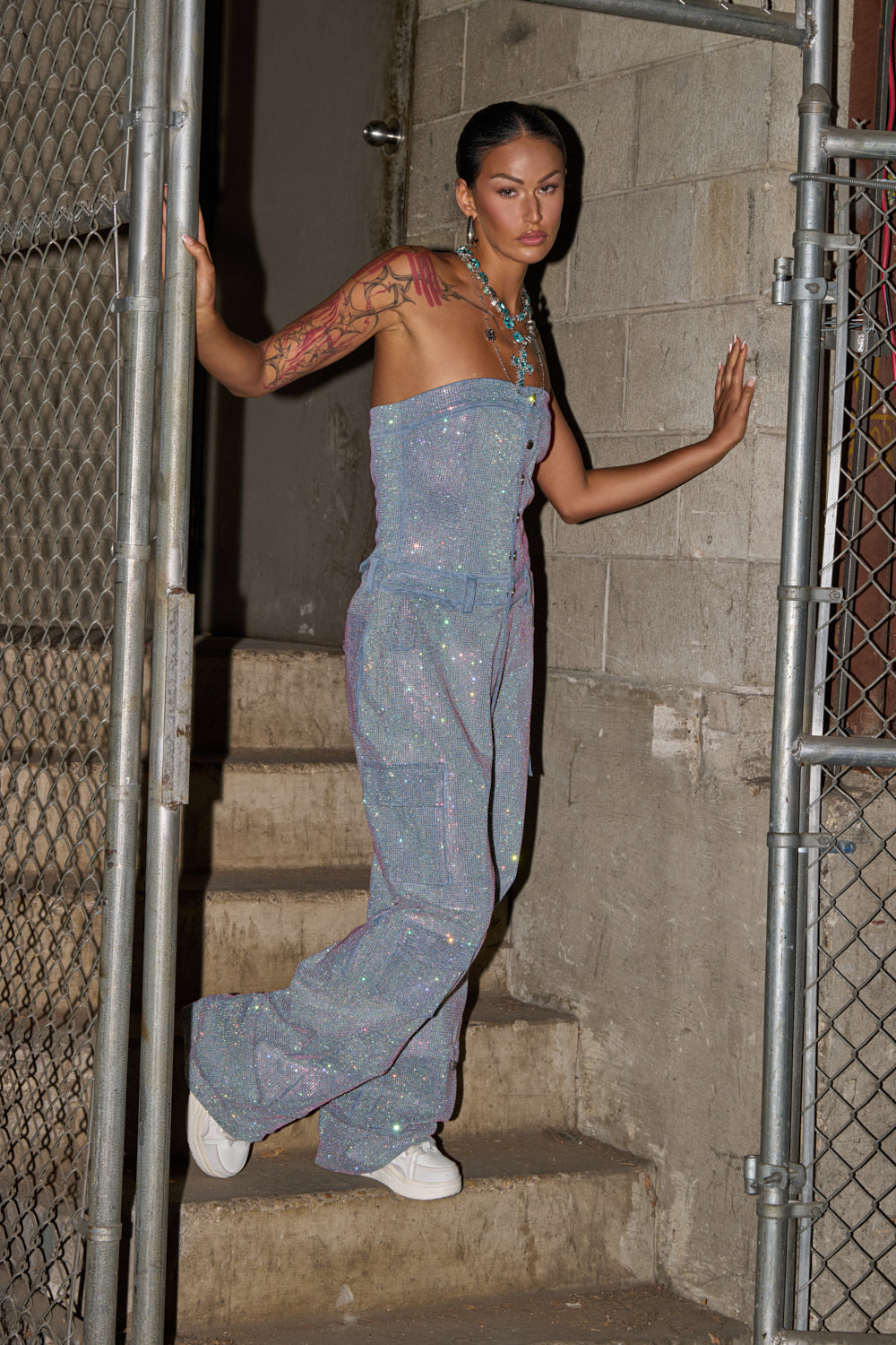 TOO FLY RHINESTONE DENIM JUMPSUIT