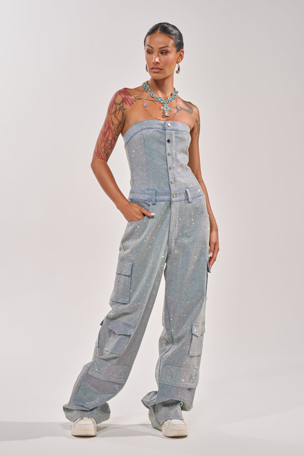 TOO FLY RHINESTONE DENIM JUMPSUIT