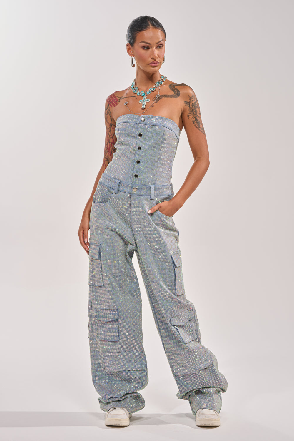 TOO FLY RHINESTONE DENIM JUMPSUIT