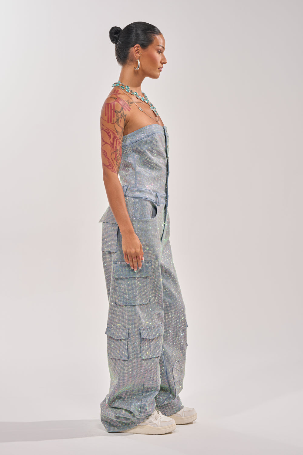 TOO FLY RHINESTONE DENIM JUMPSUIT