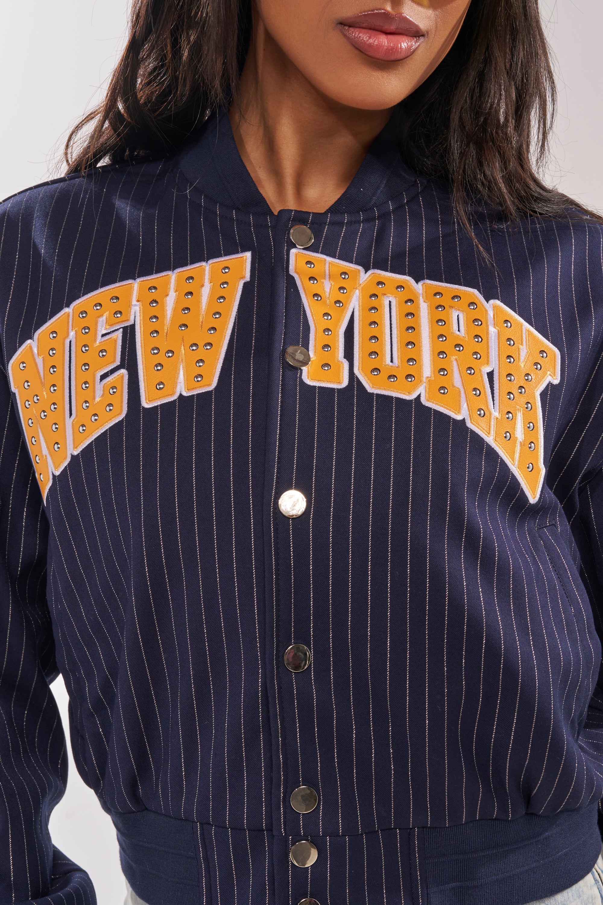 COURTSIDE PINSTRIPE BOMBER