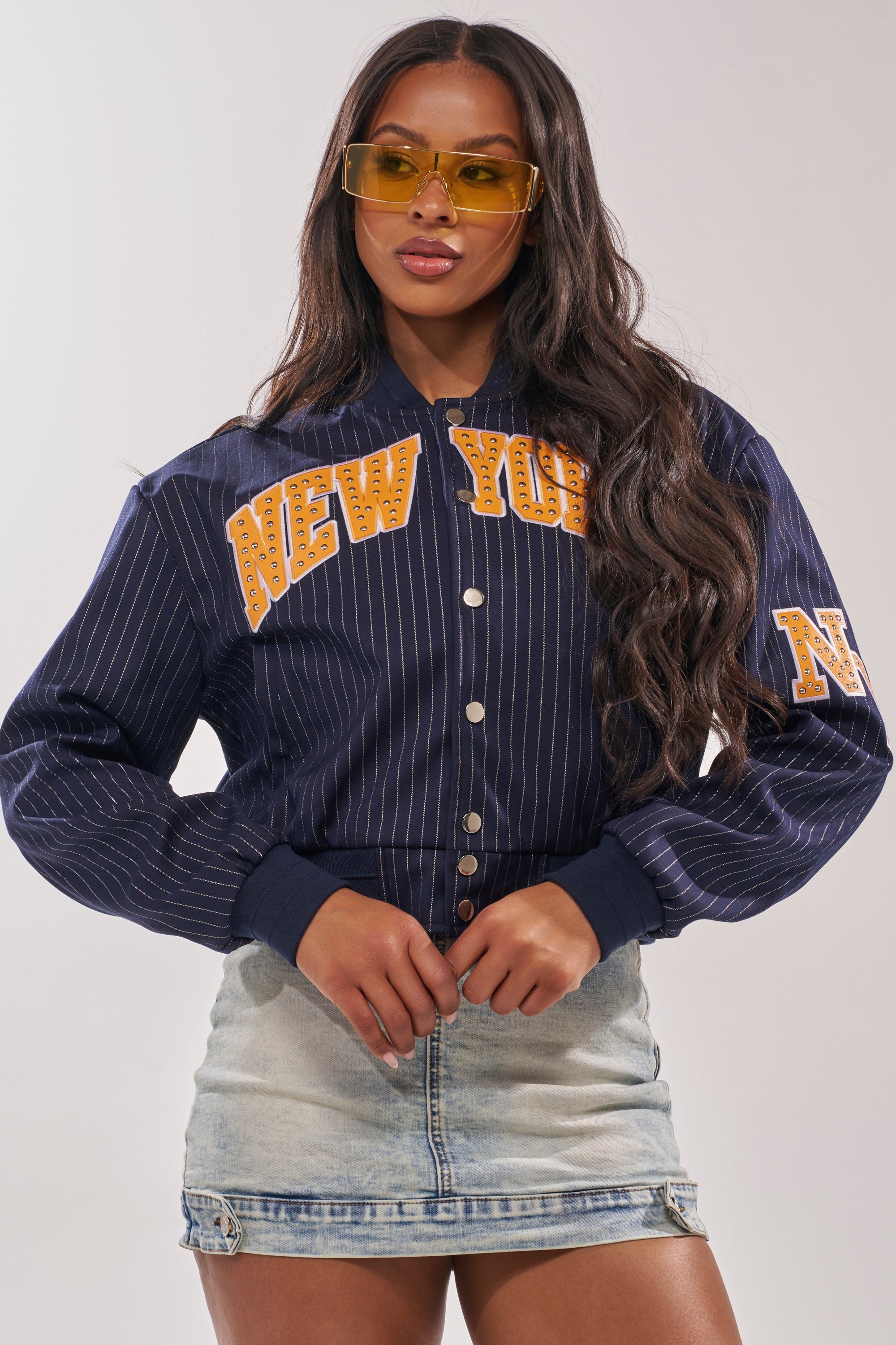 COURTSIDE PINSTRIPE BOMBER