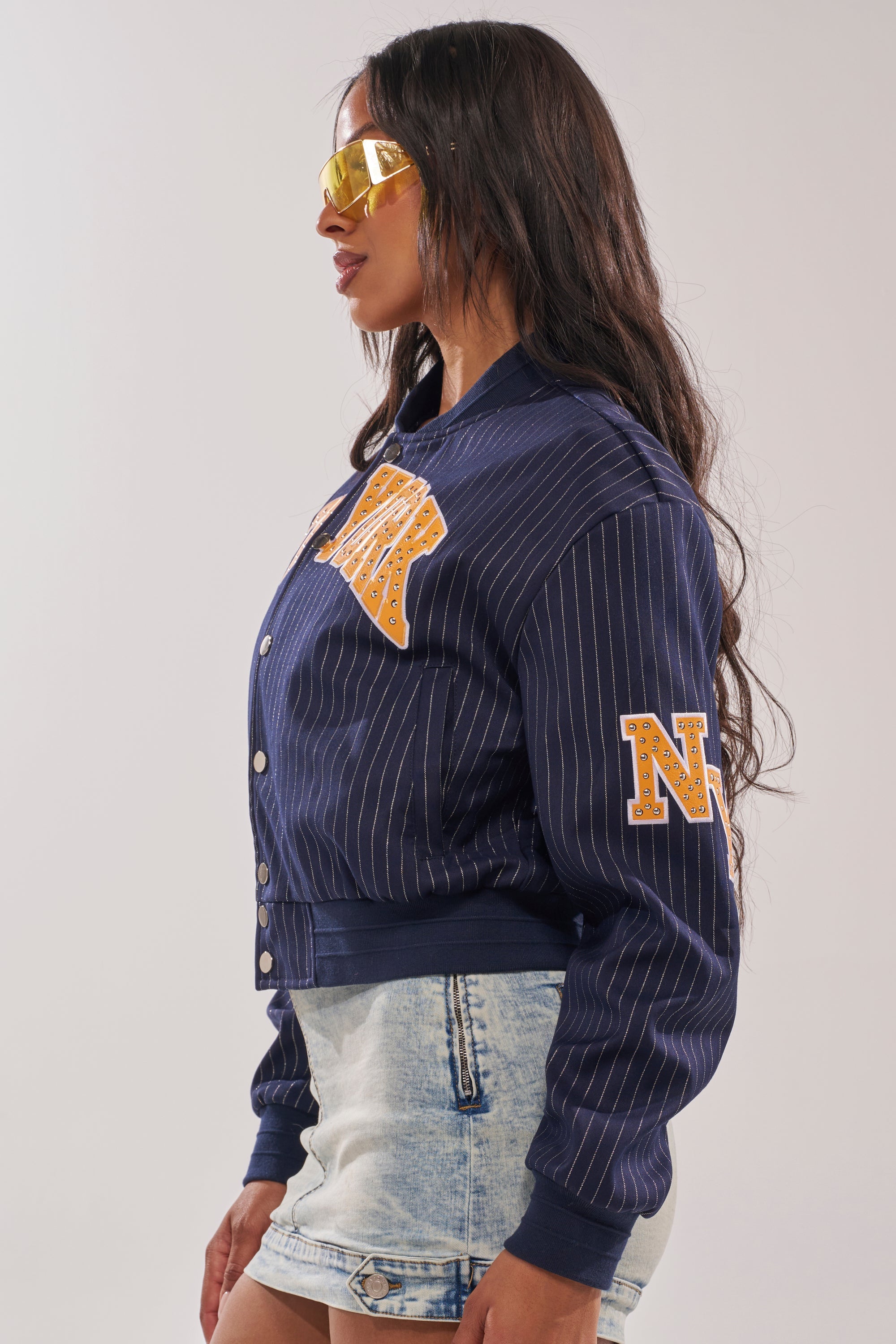 COURTSIDE PINSTRIPE BOMBER