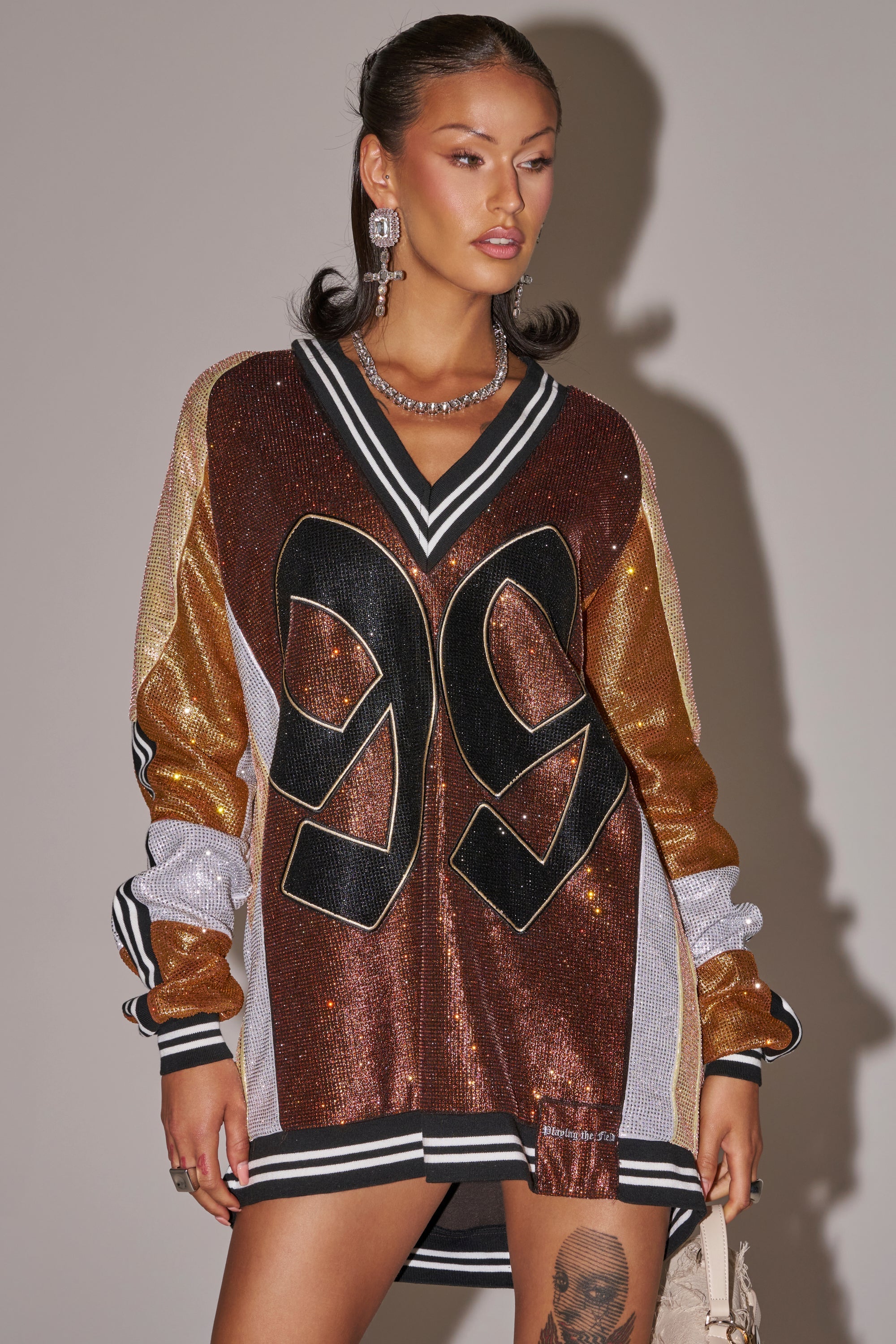 RYAN COLORBLOCK RHINESTONE JERSEY DRESS IN COCOA