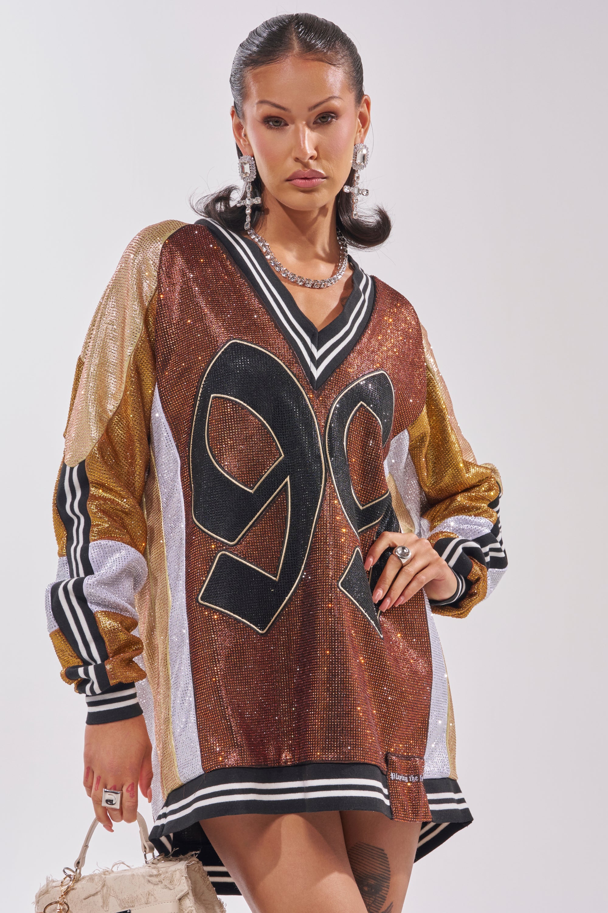 RYAN COLORBLOCK RHINESTONE JERSEY DRESS IN COCOA