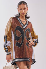 RYAN COLORBLOCK RHINESTONE JERSEY DRESS IN COCOA