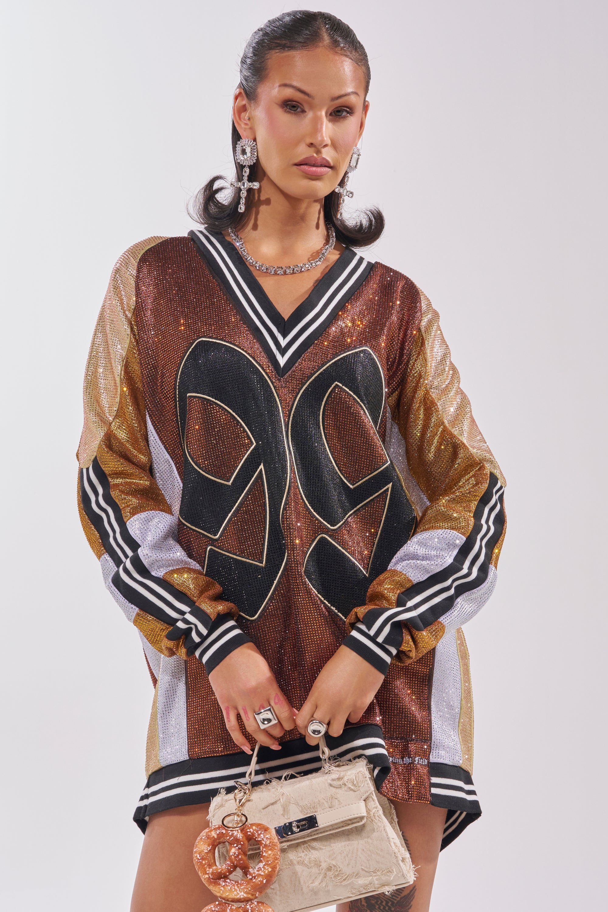 RYAN COLORBLOCK RHINESTONE JERSEY DRESS IN COCOA