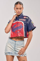 PEDAL TO THE METAL FAUX LEATHER BUTTON DOWN