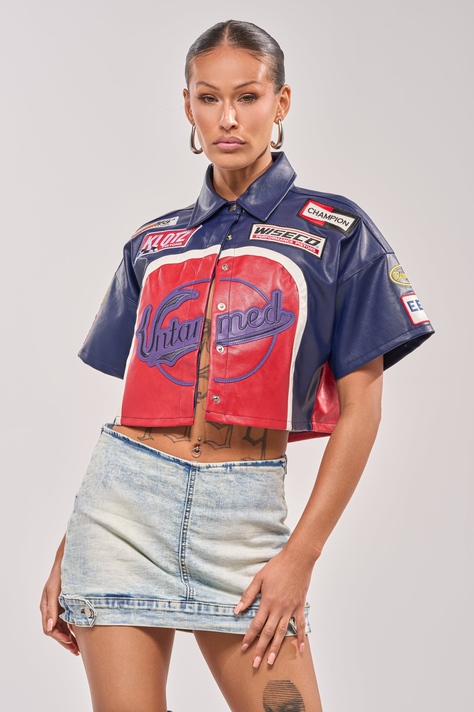 PEDAL TO THE METAL FAUX LEATHER BUTTON DOWN