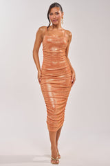 KILL THE LIGHTS STRAPLESS RHINESTONE MIDI DRESS IN PEACH BELLINI