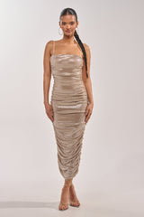KILL THE LIGHTS STRAPLESS RHINESTONE MIDI DRESS IN CHAMPAGNE